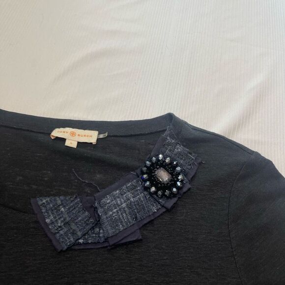 Tory Burch Black Blue Marcella Linen Top Size Large - Picture 2 of 7